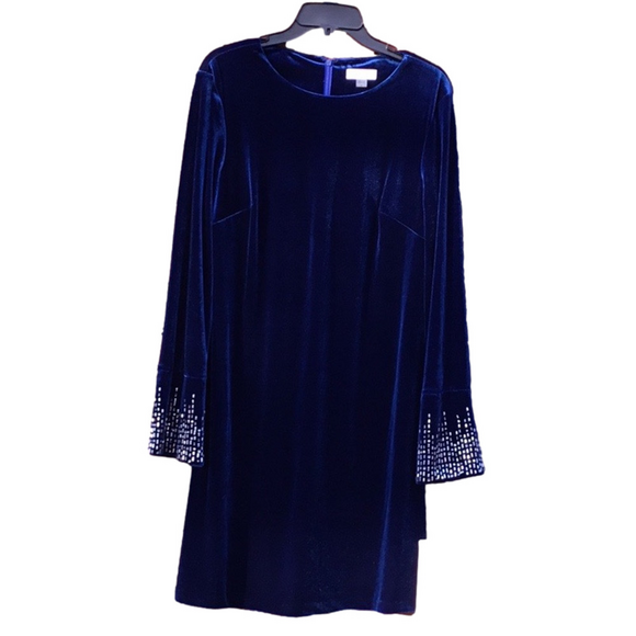 CALVIN KLEIN Bling Bell Sleeve Blue Velvet Velour Holiday Party Dress Sz M  NWT - Picture 5 of 15